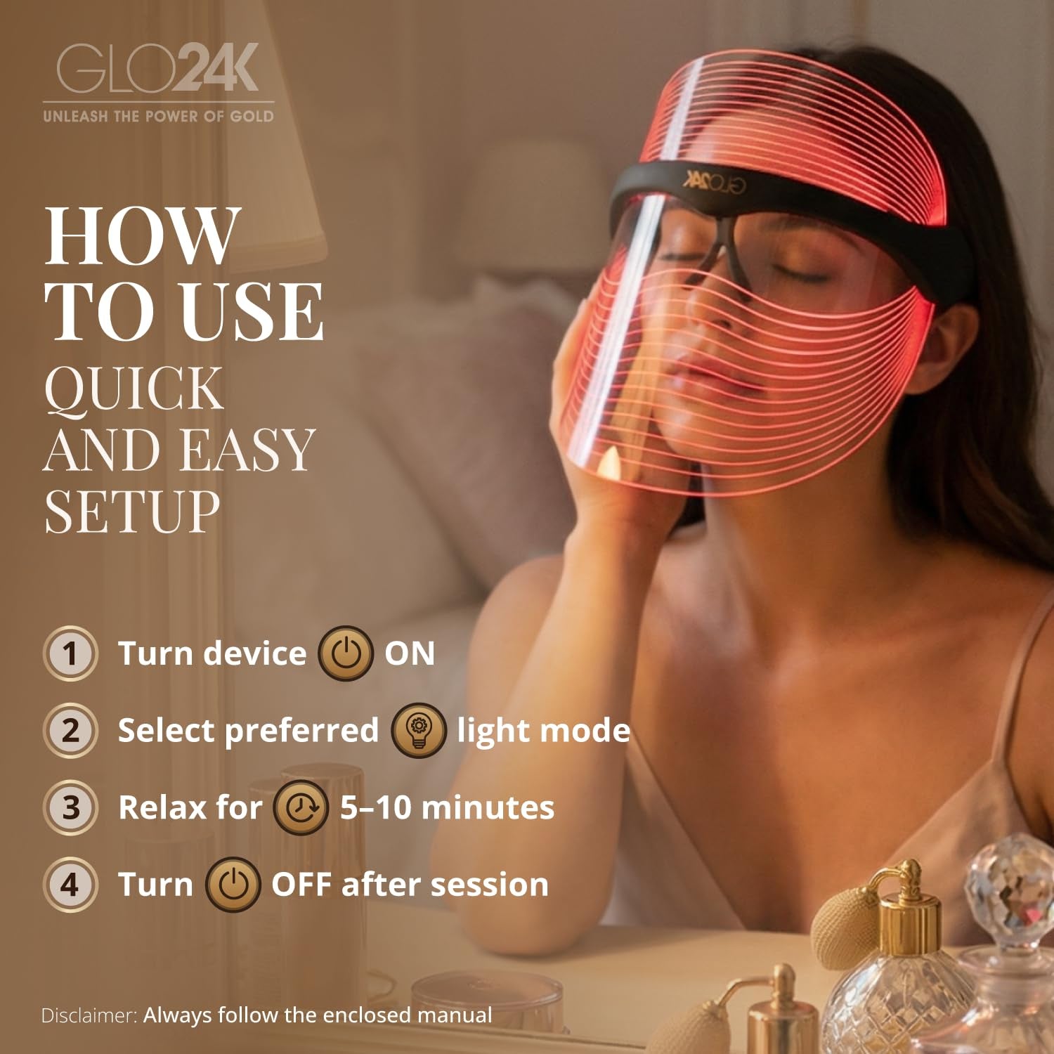 GLO24K Mascarilla LED Facial 7 Colores - Terapia De Luz