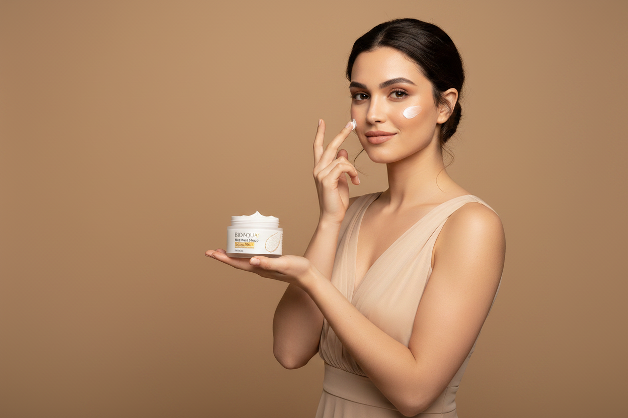 Banner modelo usando la crema grande